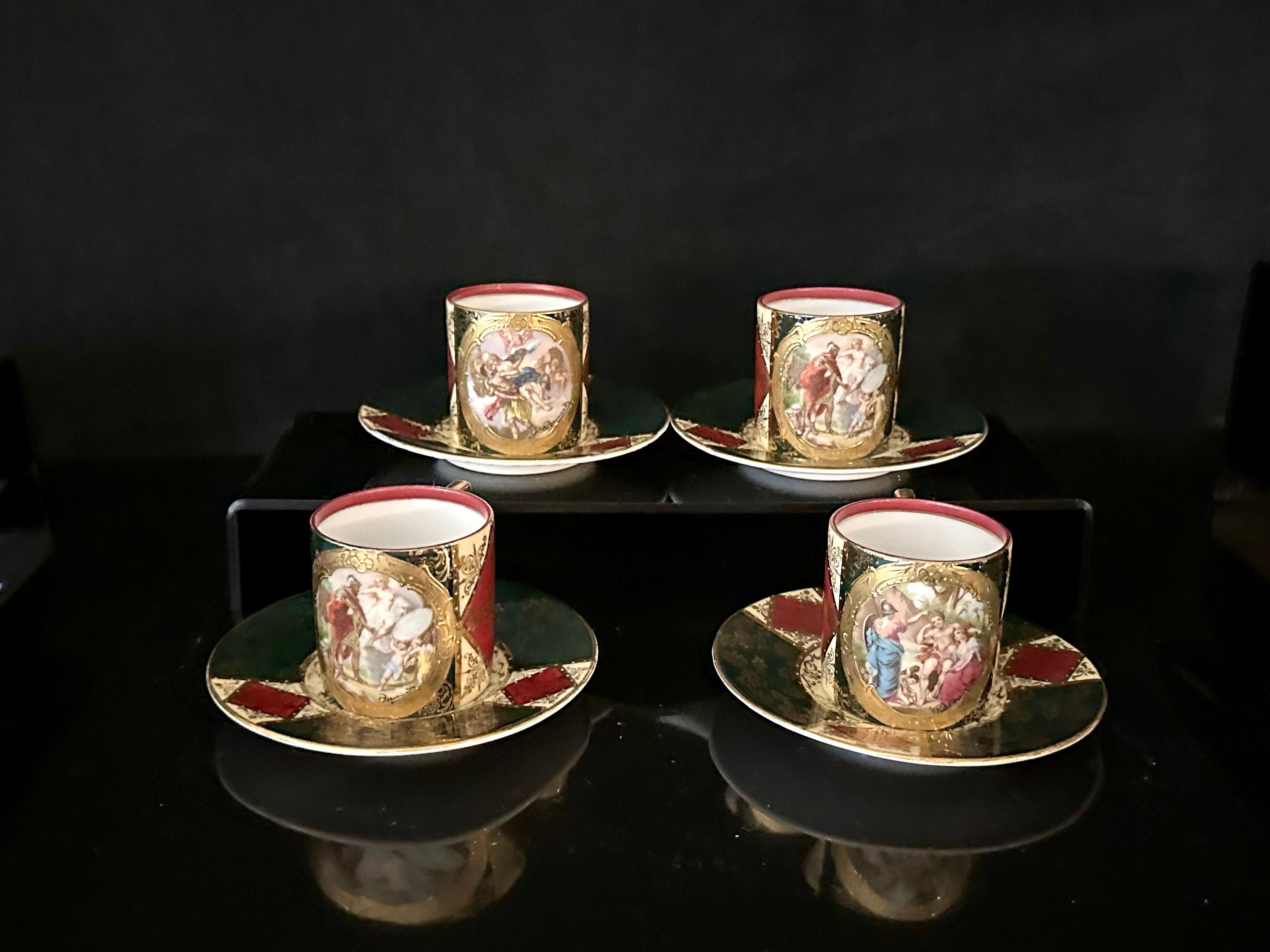 4 Antique Royal Vienna Reproduction Demitasse Cups and Saucers